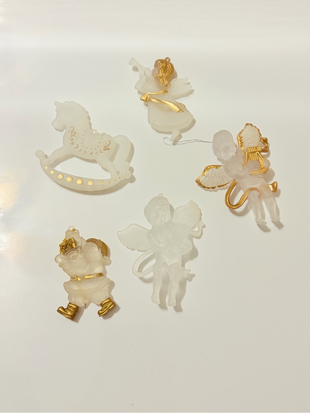 Vintage Frosted Christmas Ornaments Angel Rocking Horse Cherub Santa Gold